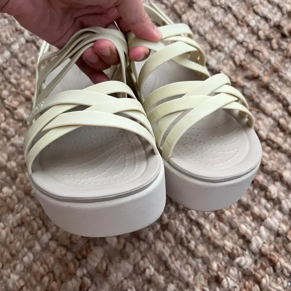 Crocs Brooklyn Strappy Low Wedge Sandals Womens 8 Cream LiteRide Platform